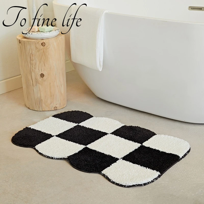 

Classic Black White Contrast Color Floor Mats for Bathroom Flocking Non-slip Room Carpets Household Items Modern Absorbent Rugs