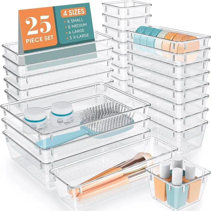 Description Picture 3 of item4/8/16/24pcs Drawer Organizers Set Clear Plastic Desk Dividers Bins Bedroom Dresser Office Storage Box for Makeup Gadgets