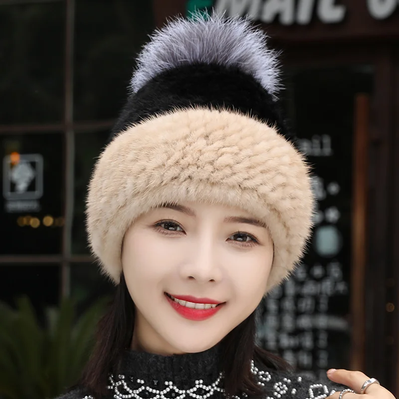 

Real Mink Fur Knitted Hat Women Winter Fur Warm Ear Protection Fox Fur Ball Cute Ladies Fashion Beanie Russian Girls Autumn Cap