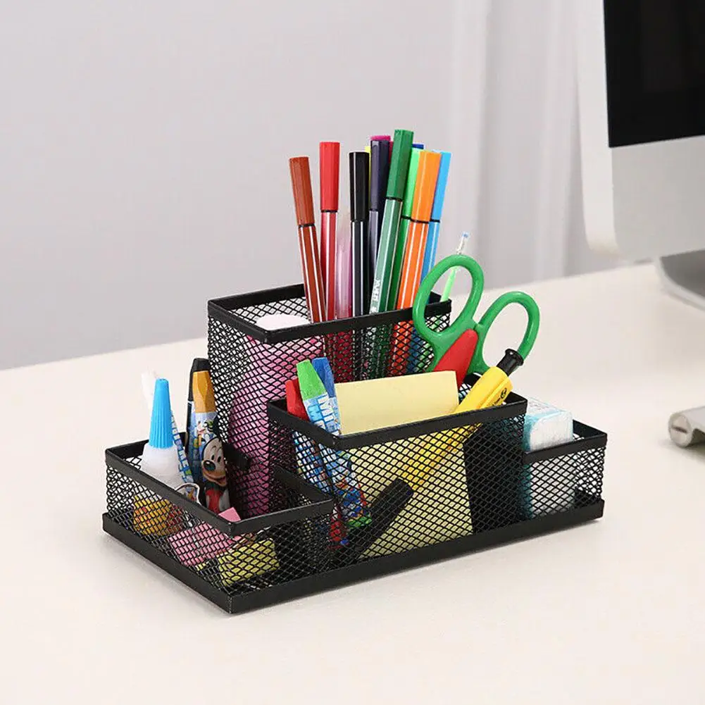 Mesh Desk Organizer Desktop Pen Holder 4 Compartments Metal Stationary Organizer Desk Caddy Office Home Stationery Supplies pen holder,stationery organizer,desktop storage shelf,desktop storage box,desktop storage kit,stationery storage box,storage drawer boxes