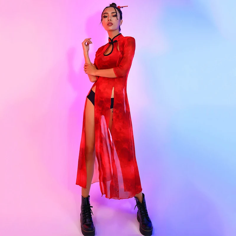 

Pole Dance Clothing Women Red Dress Sexy Perspective Party Nightclub Dress Modern Dance Show Costume Dj Gogo Rave Clothes BL7920