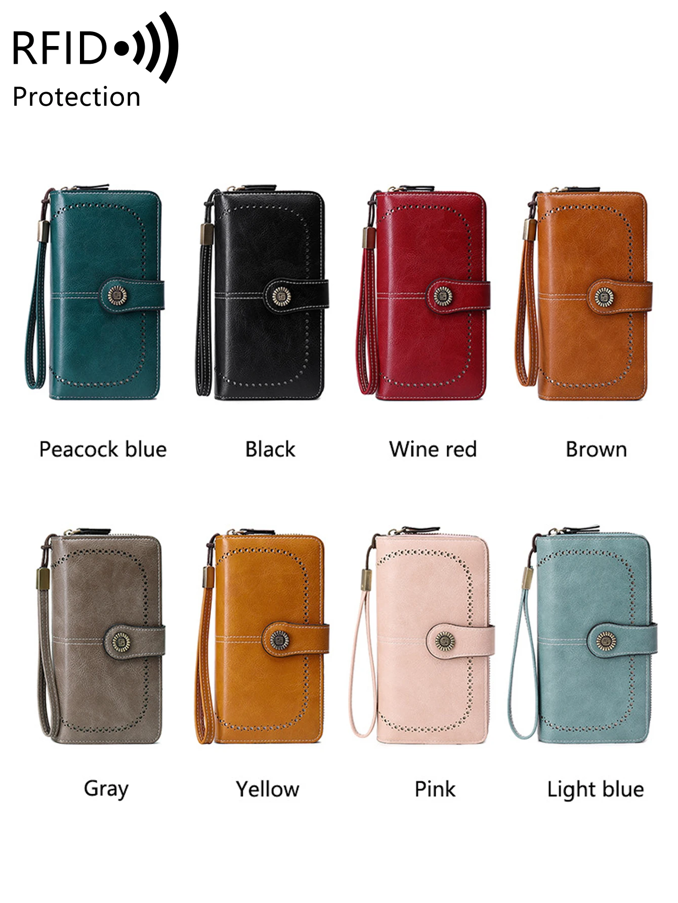 RFID retro three fold large capacity long wallet fashionable solid color women's wallet multifunctional zipper buckle wallet