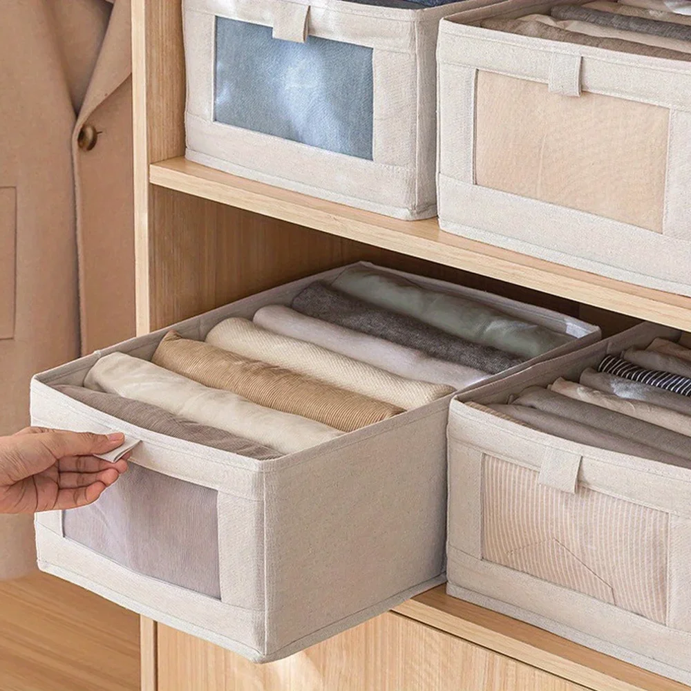 베이지 접이식 원단 보관함, 의류 및 속옷 보관에 사용, 파티션, 옷장 정리함 서랍 보관함 