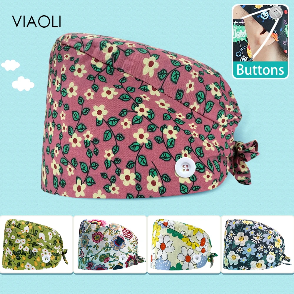 

Модная шапка из медицинского хлопка с регулируемыми кнопками, шапка для медсестер, женская, мужская, операционная комната, ветеринарная шапка-скраб для стоматолога