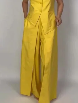 UOOZEE Pantaloni a gamba larga con giunto diviso per pendolari femminili urbani 2025 Nuovi pantaloni gialli casual a vita alta in tinta unita per donna 1