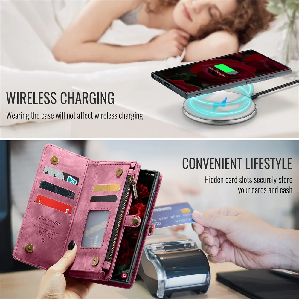 Luxury Leather Wallet Phone Case with Detachable Magnetic Zipper and Card Holder