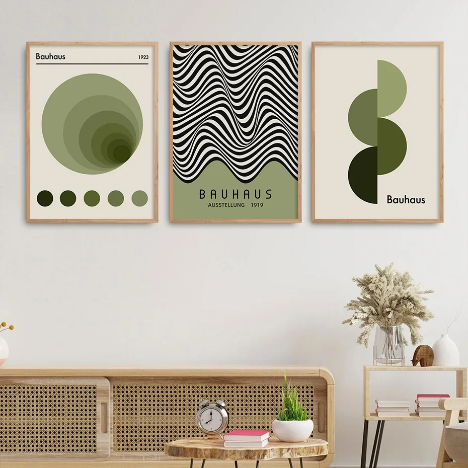 Groene Bauhaus Muurkunst Set - 3 Stuks Abstract Geometrisch Canvas 50x70 Cm