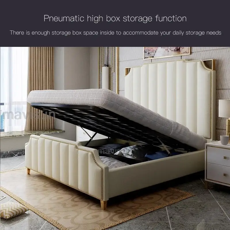 Leather Bed Wooden Bed Light Luxury Double Bed For Bedroom High-end Furniture For Villa With Storage White Leather King Size Bed With 2 Nightstands