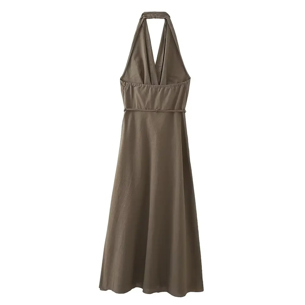 

Maxdutti Backless Sexy Beach Holiday Midi Dress Women French Linen Dress Country Style Fashion Halter Neck Cotton