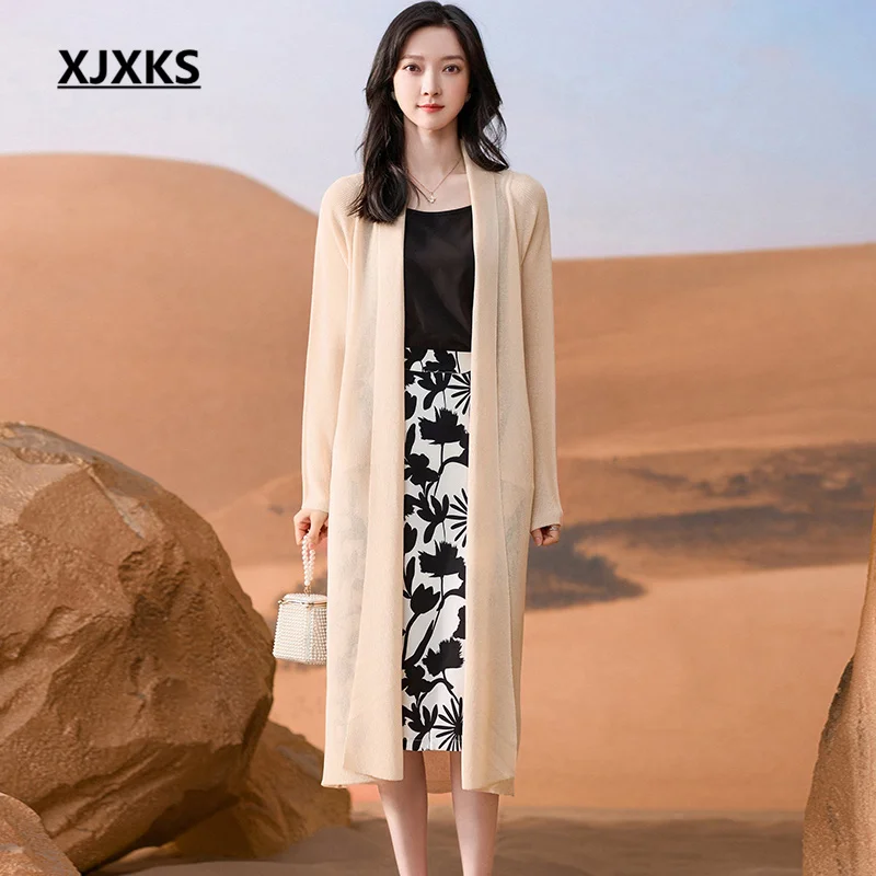 

XJXKS Comfortable High-end Linen Sunscreen Jacket 2023 Spring Summer Fall New Loose Oversize Women's Knitted Long Coat