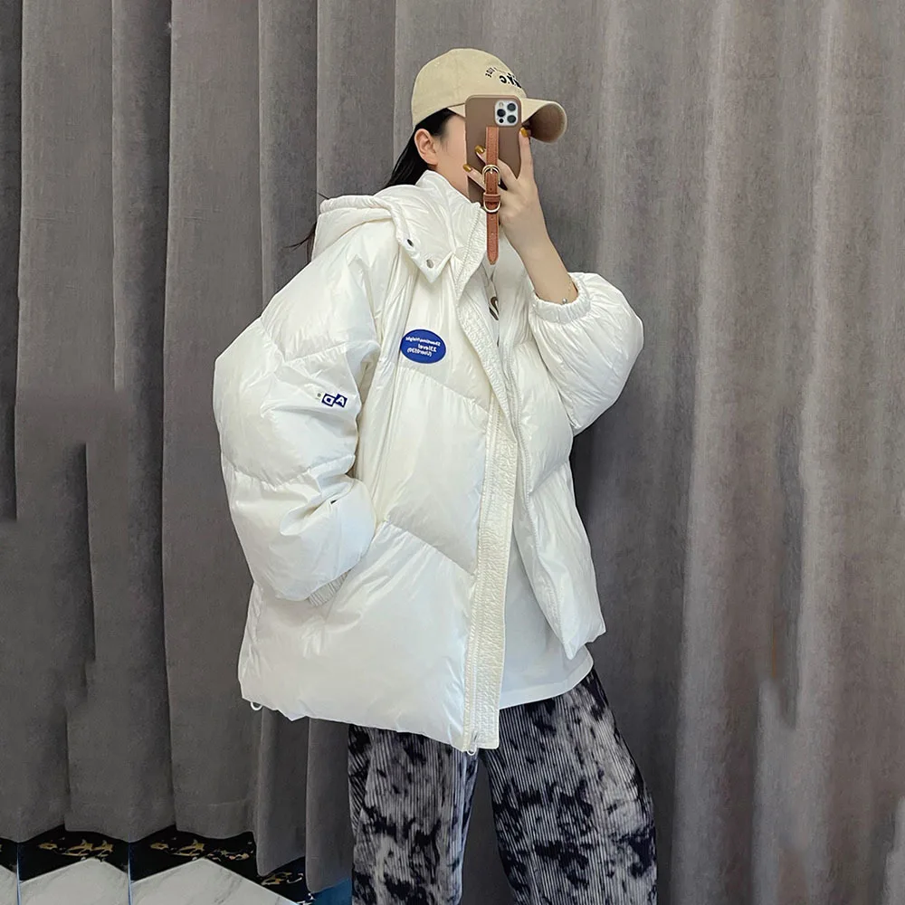

Короткий зимний пуховик с капюшоном, новинка, корейский Свободный Белый пуховик на утином пуху, яркие цвета, женские утепленные парки, свободная верхняя одежда, топы 2022