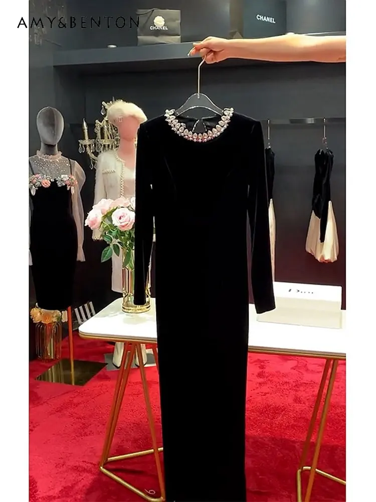 

New High-Grade Light Luxury Temperament Maxi Dress Socialite Hepburn Style Black Slimming Velvet Long Sleeves Dress for Women