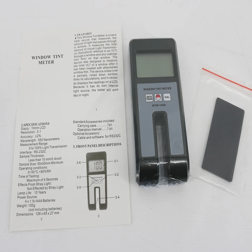 WTM-1000 Window Tint Meter Digital Light Transmittance Tester Range 0~100% 3
