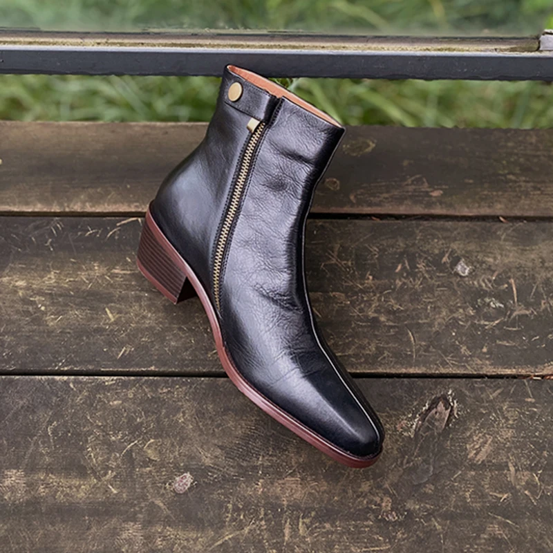 

Heihaian Short Boots 2023 Autumn/Winter New Leather Simple Commuter And Ankle Boots Square Head Thick Heel Zipper Boots Women