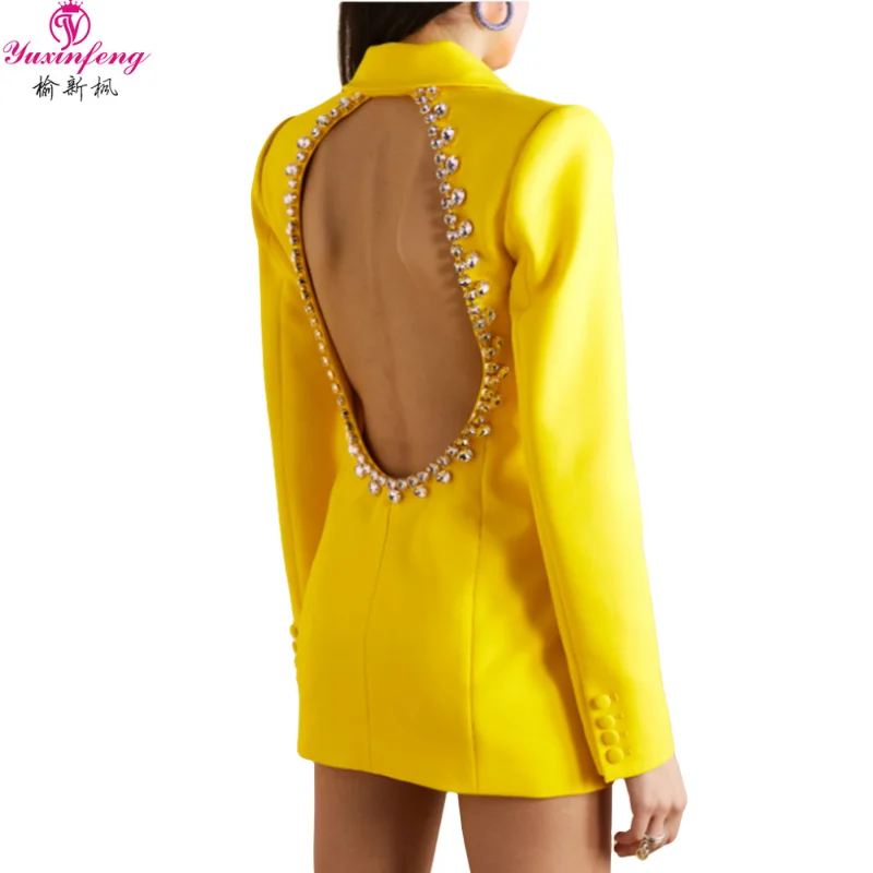

Yuxinfeng Europe 2023 Autumn Blazer Ladies Backless Sexy Heavy Beading Diamond Coats Long Sleeve Elegant Middle Long Blazers