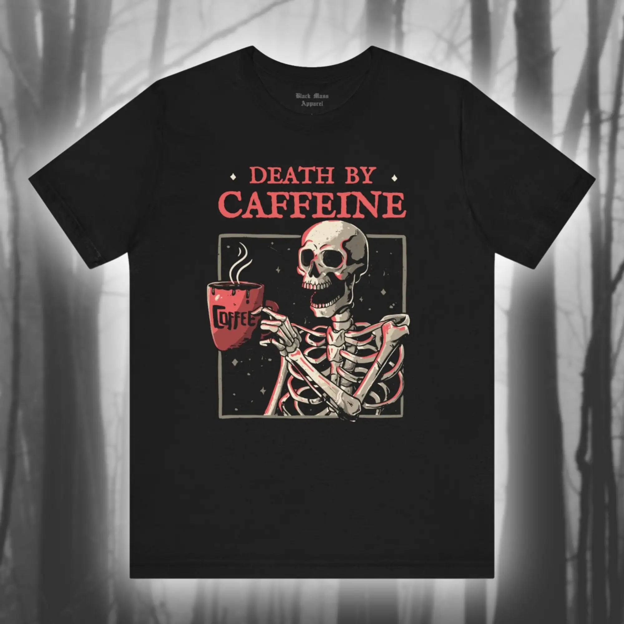Maglietta trendy "Morte per caffeina" con scheletro divertente e maglietta per amanti del caffè ghiacciato, maglia di Halloween_voghion.com