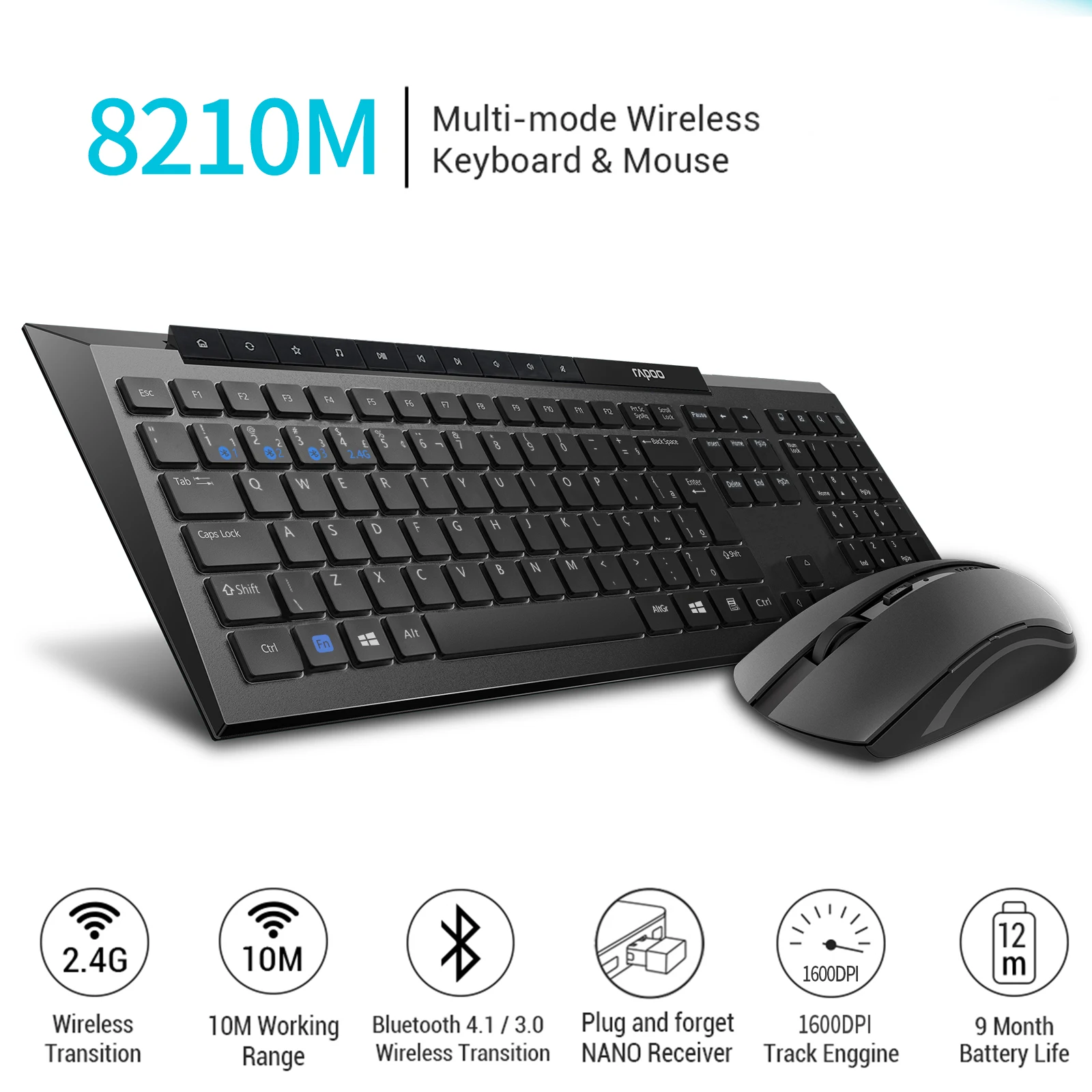 rapoo bluetooth teclado sem fio mouse kit português brasil cor preta com chaves multimídia