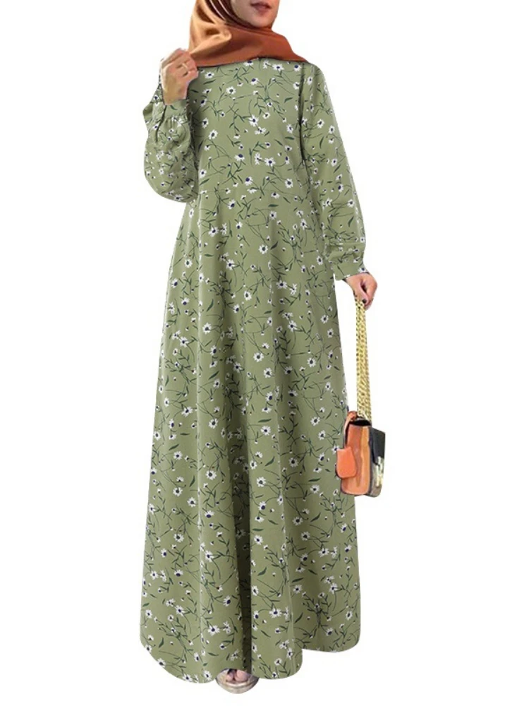 

S-5XL Floral Print Summer Dress Women's Muslim Fashion Round Neck Long Sleeve Loose Bohemian Islam Abaya Clothes