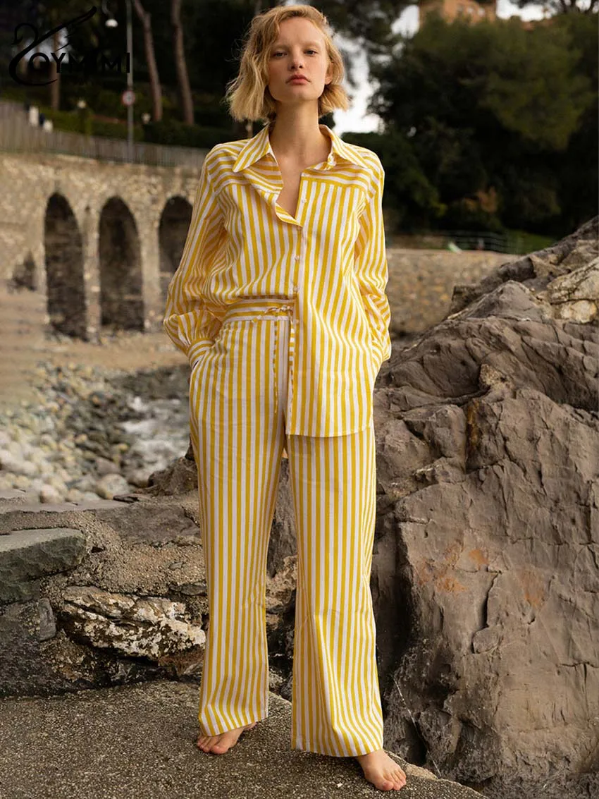 Oymimi Casual Yellow Striped Print Sets For Women 2 Pieces Elegant Long Sleeve Button Shirts And High Waist Drawstring Pants Set