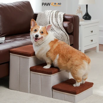 Foldable Dog Stairs with Storage Box 3-Tier Pet Stairs for Bed or Sofa Adjustable Height Cat Dog Steps Ramp for Indoor Non-Slip 1