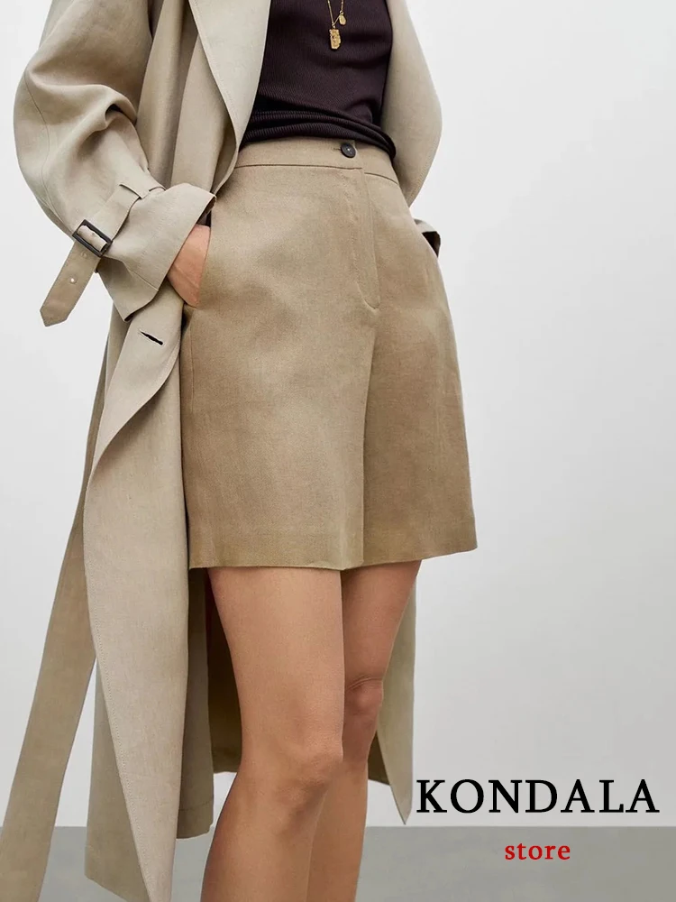 

KONDALA Cotton Linen Women Office Lady Shorts High Waist Wide Leg Vintage Women Short Pants Fashion 2022 for Summer Autumn