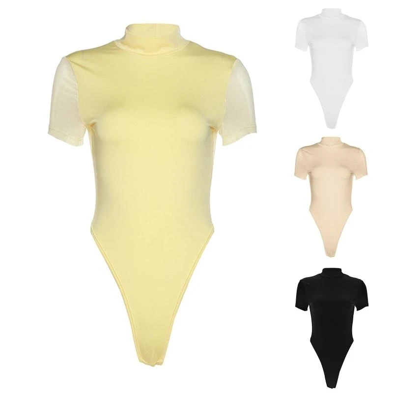 

Womens Short Sleeve Mock Neck Bodysuit Top Backless High Cut Bodycon Jumpsuits Dropship