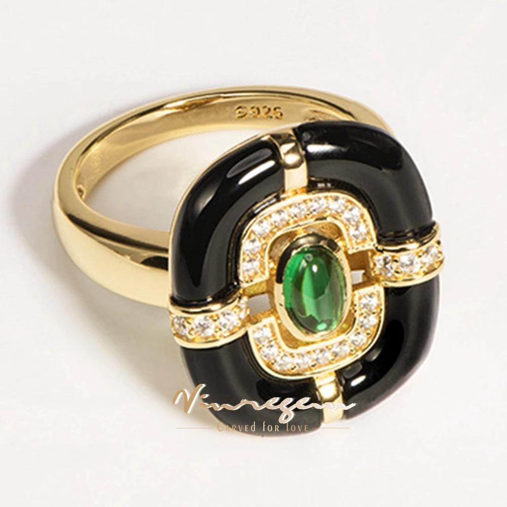 

Vinregem Black Onyx Emerald High Carbon Diamond Gemstone Vintage Ring for Women 18K Gold Plated 925 Sterling Silver Fine Jewelry
