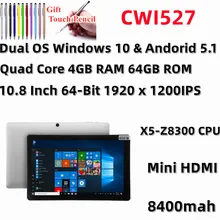 64-bit Operating System 10.8 Inch CWI527 Tablets PC Dual OS Windows 10+Andorid 5.1 Quad Core 4GB+64GB 1920x1200 FUll HD IPS
