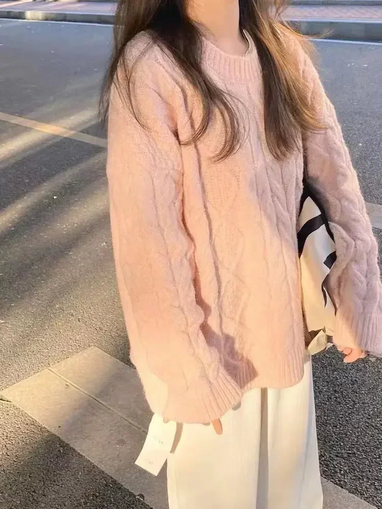 FA660 2024 Winter New Women's Thickened Pullover Sweater Loose Twist Top Sweet Lazy Knitted Sweater 5
