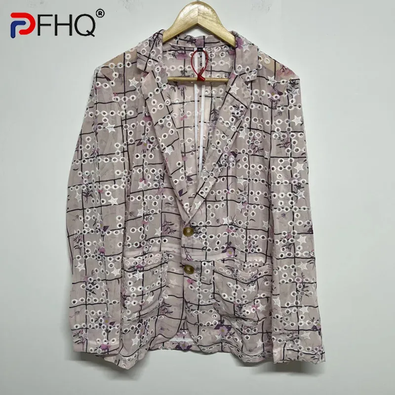 

PFHQ Men's Print Embroidery Blazers Fashion Hollowed Out Single Breasted Haute Quality Handsome Male Suit Jackets Summer 21Z4723