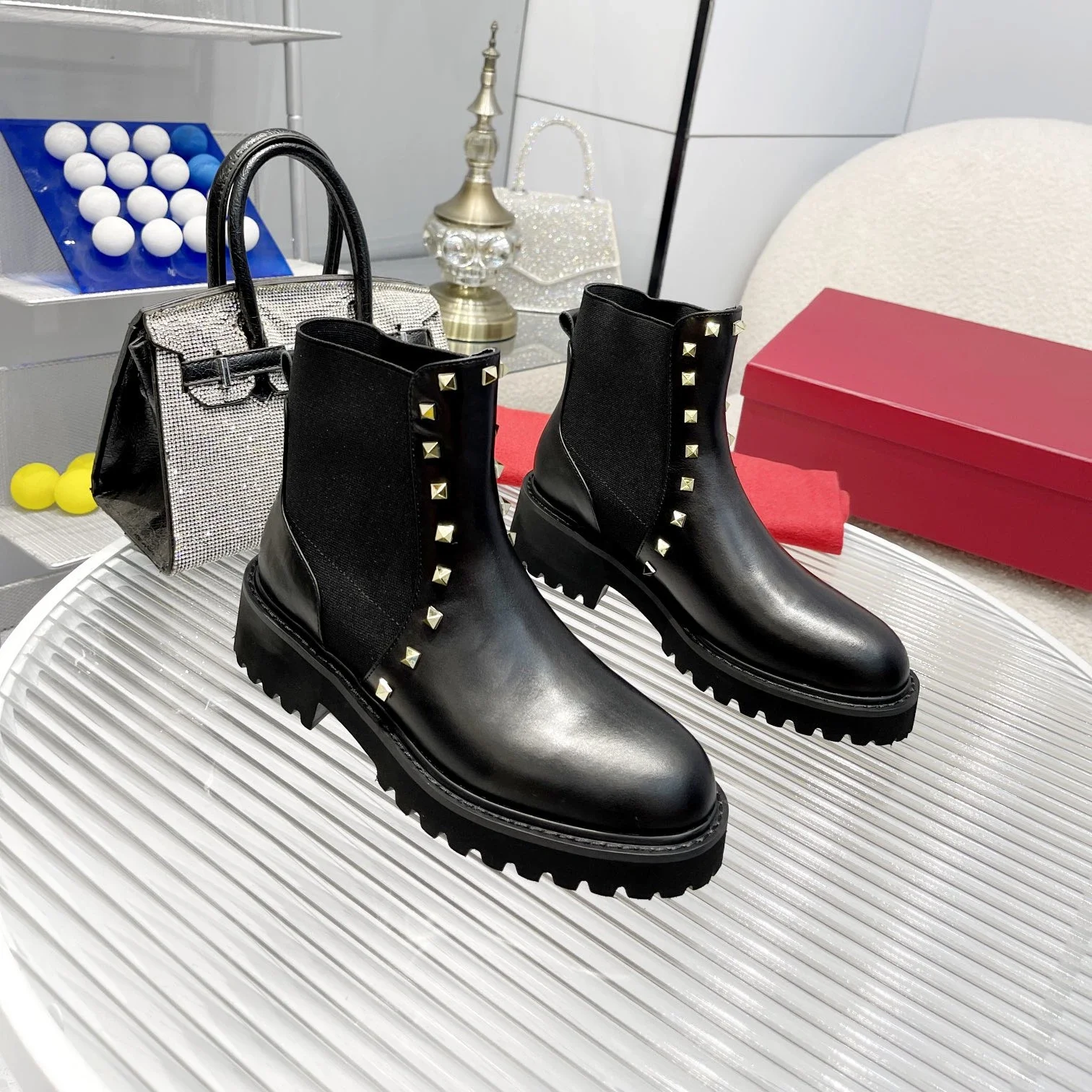 

Shoes For Women Size35-42 Genuine Leather Chelsea Boots Rivet Med Heels Ankle Boots Designer Shoes Round Toe Zapatillas Mujer