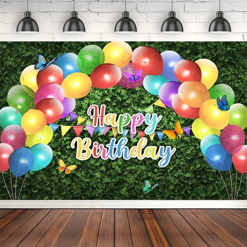 

Photography Backdrop Green Grass Happy Birthday Photo Background Butterfly Rainbow Balloons Photocall Poster Decor Props Banner