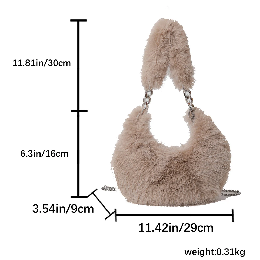 Women Fuzzy Armpit Bag Zipper Chain Shoulder Bag Versatile Chain Crossbody  Bag Soft Girl Satchel Purse