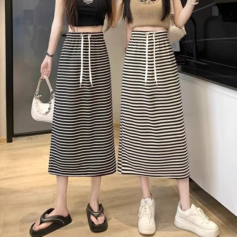 Korean Style Summer Maternity Striped Skirts Drawstring Waist Back Split Mid-calf Black White Pregnant Woman One-Step Skirt
