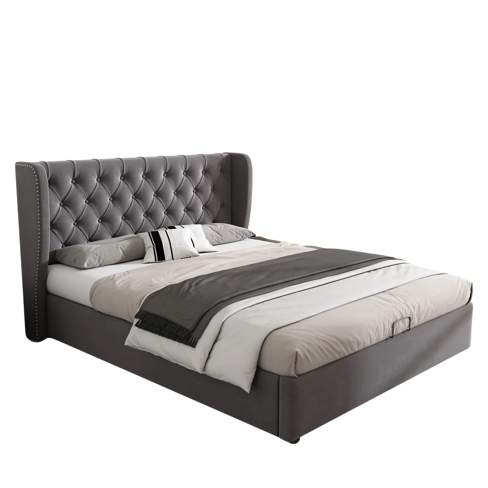 Gepolstertes Bett in Ohrenform aus Samtstoff mit Knopfnähten, Doppelbett, hydraulisches Funktionsbett mit Gittergitter und Stauraum – Detail 18