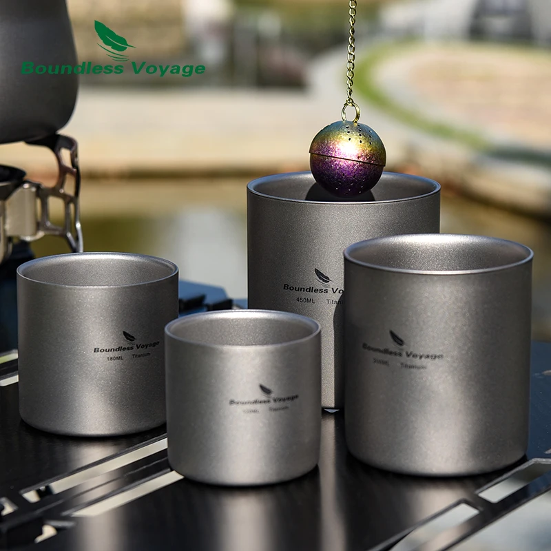 Boundless Voyage 4 in 1 Double-wall Titanium Cup Insulated Outdoor Camping Anti-scalding Mug Tableware 120ml 180ml 300ml 450ml