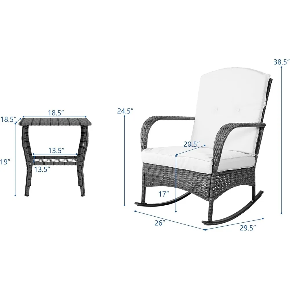 3 Pieces Patio Conversation Set, Outdoor Rocking Chair, Wicker Bistro Set, Outdoor Furniture with Porch Chairs and Coffee Table 3