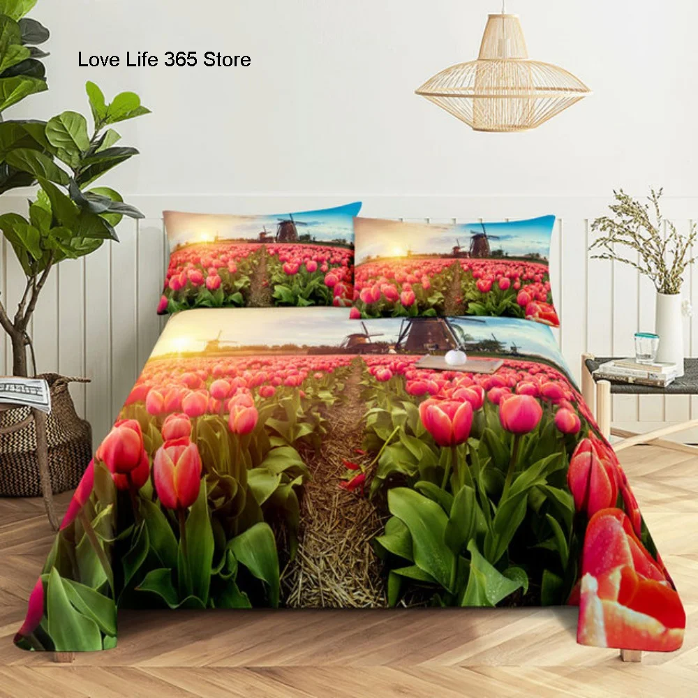 Pink Rose Bed Sheet Sets 3D Print Flowers Flat Soft Cover For Women Kids Girls King Queen Full Twin Size Linen Room Decor 5