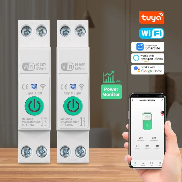 เบรกเกอร์วงจรไฟฟ้าอัจฉริยะ Tuya WiFi MCB 1P+N 63A พร้อมตัวตั้งเวลา วัดพลังงานไฟฟ้า kWh แรงดันไฟฟ้า กระแสไฟฟ้า ป้องกันไฟฟ้าลัดวงจร ควบคุมด้วยเสียงและรีโมท 1