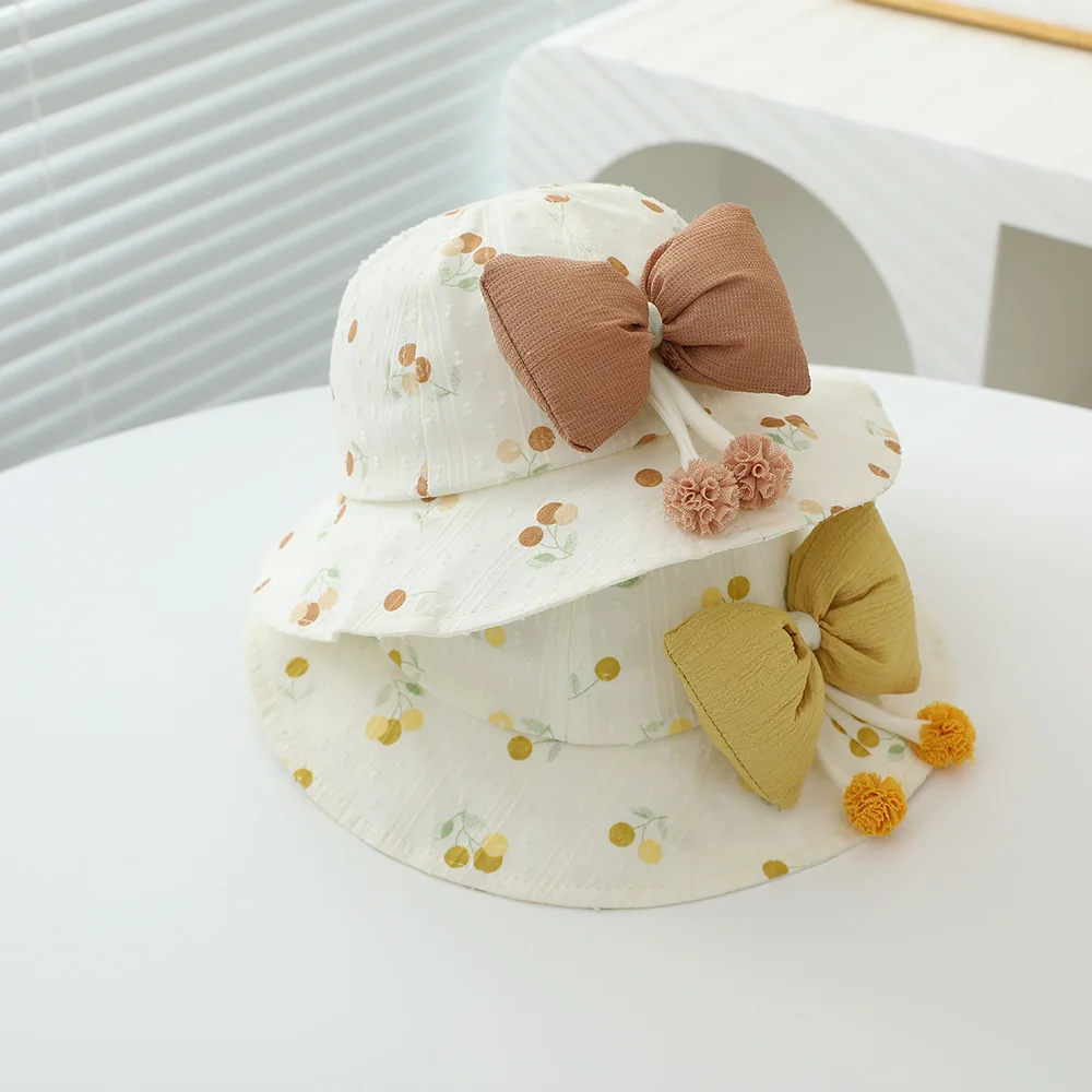 New Spring Summer Fruit Print Baby Sun Hat Big Bow With 2 Hanging Balls Girls Fisherman Cap Cute Princess Bucket Hat
