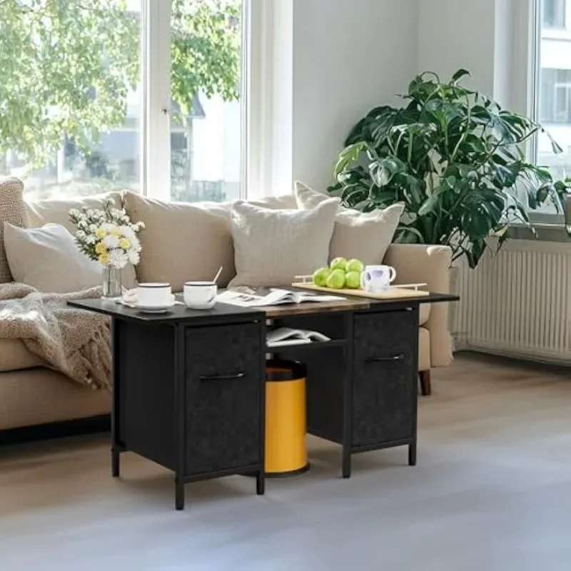 Modern Coffee Tables for Living Room 35'' Small Rectangle Coffee Table with 2 Large Fabric Storage Drawers and Metal Shelf, Wood 6