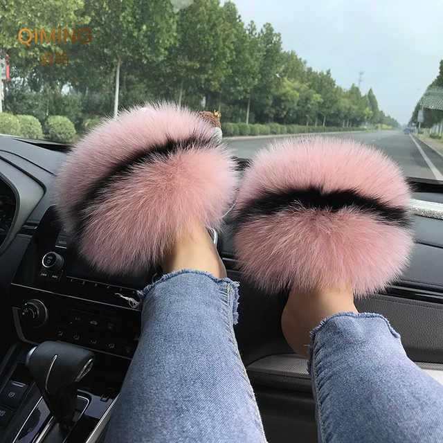 Pink Fox Fur Slides