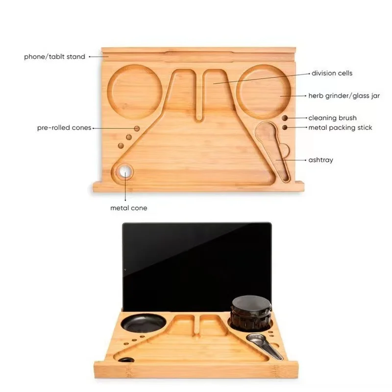 Large Bamboo Wooden Stash Box with Rolling Tray Weed Tray Kit with  Removable Divider Wood Storage Set Smoking Accessories