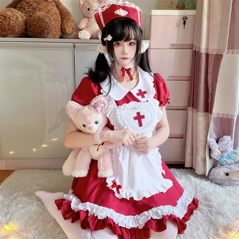 

4 Colors Lolita Dress Maid Cosplay Costume For Girl Women Anime Cute Maid Party Costumes Stage Cross Heart Wine Red Maid Dress