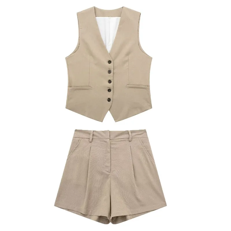 HH TRAF Conjuntos de pantalones cortos de verano para mujer, estilo vintage, de un solo pecho, con cuello en V, chalecos, tops, pantalones cortos ajustados con cremallera y bragueta, trajes de oficina