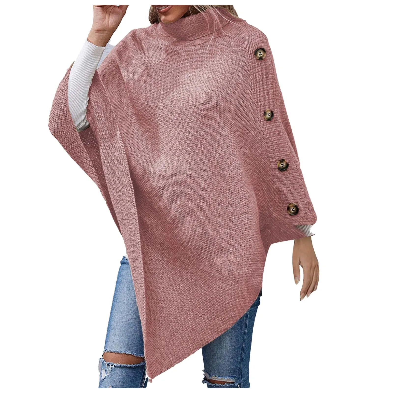 

Autumn Winter Button Poncho Women Sweater Oversized Turtleneck Jumper Knitwear Holiday Vintage Cape Batwing Sleeve Ponczo