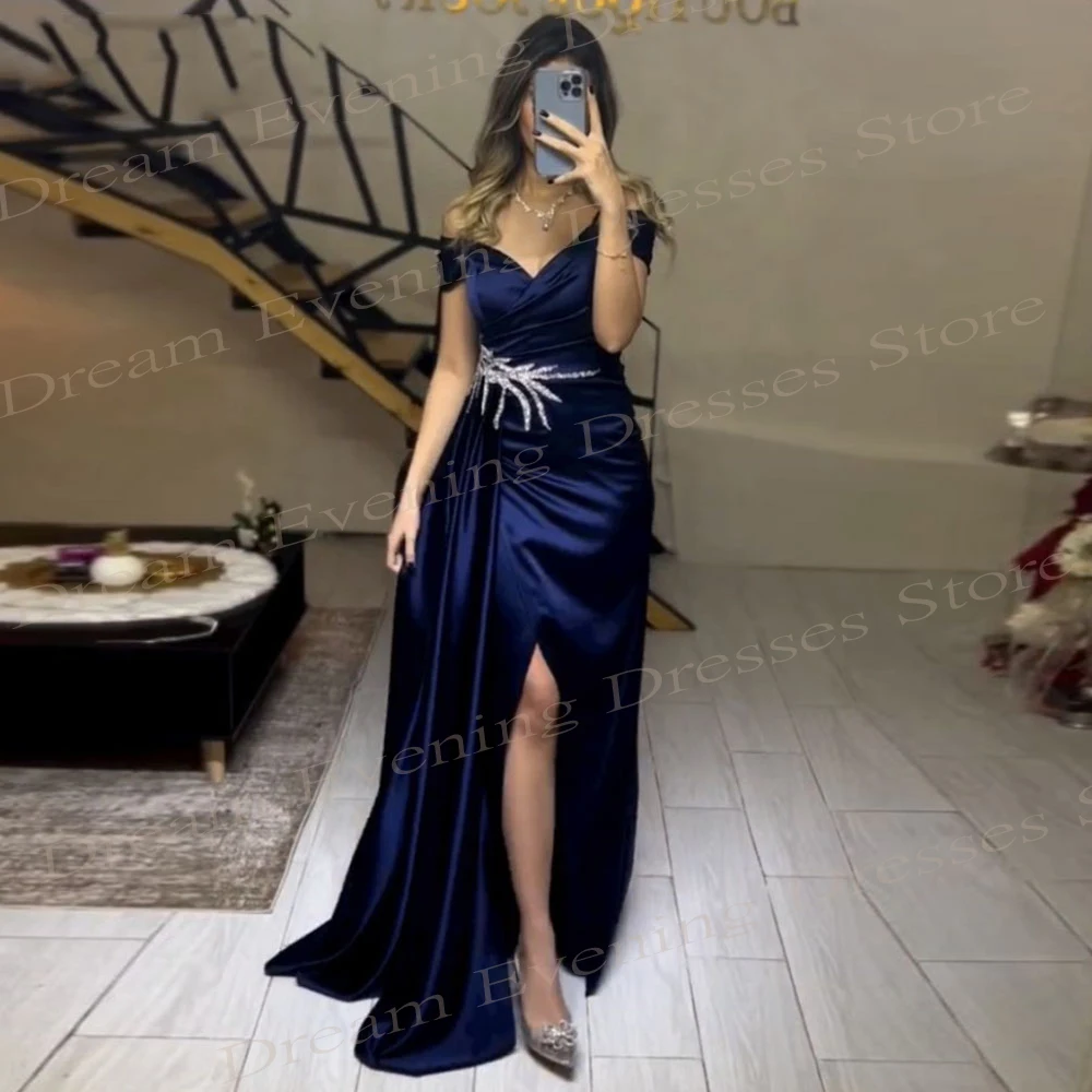 

Graceful Royal Blue Women's Mermaid Modern Evening Dresses Classic Off The Shoulder Beaded Prom Gowns Split فساتين حفلة موسيقية