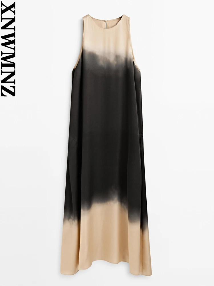 

XNWMNZ Women Fashion New Blended Print Dress Vacation Style O Neck Sleeveless Elegant Simple Female Midi Dresses