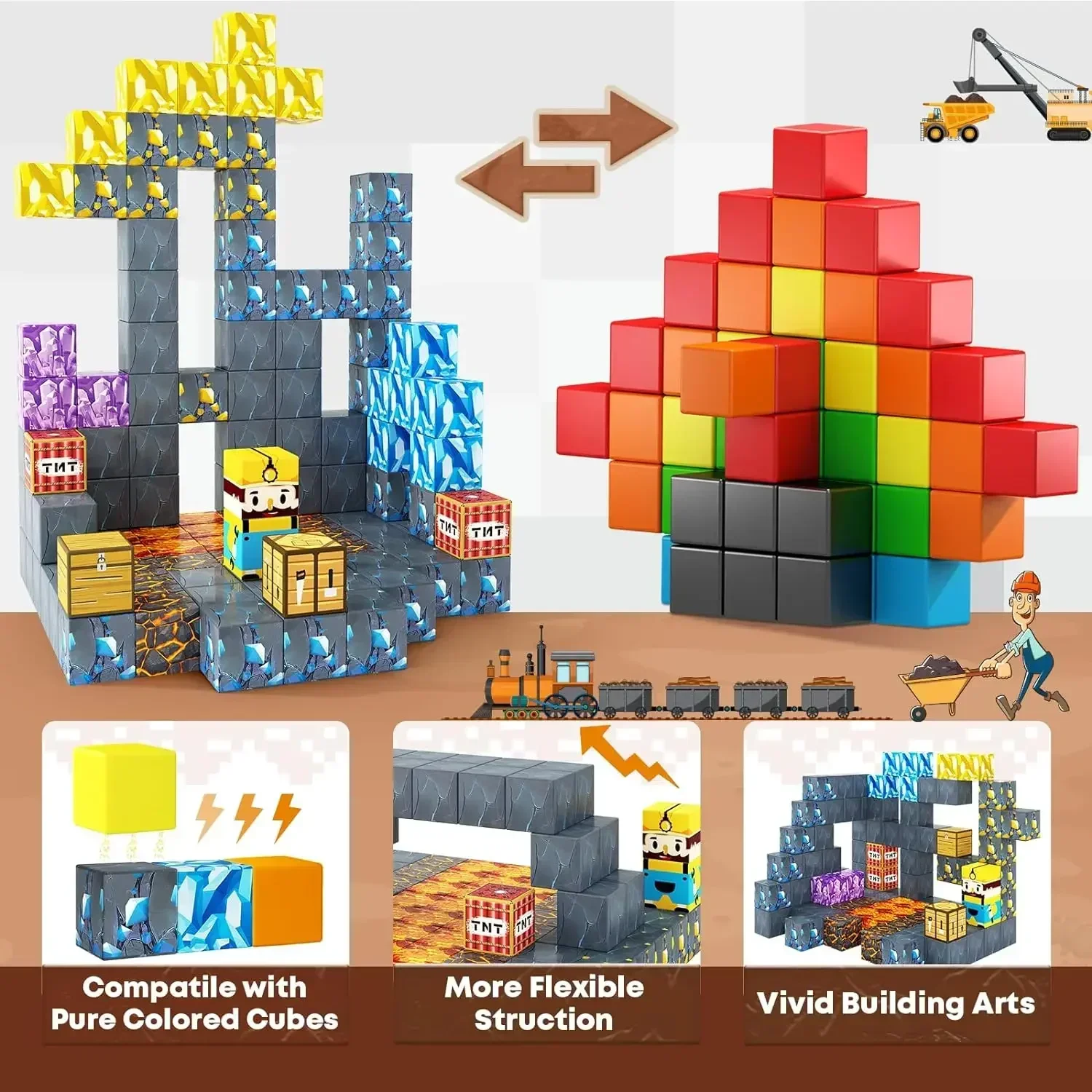 Magnetic Building Blocks Mine World Magnet Cube Construction Set DIY Educate Sensory Toys for Kids Boys Girls Ages 3+