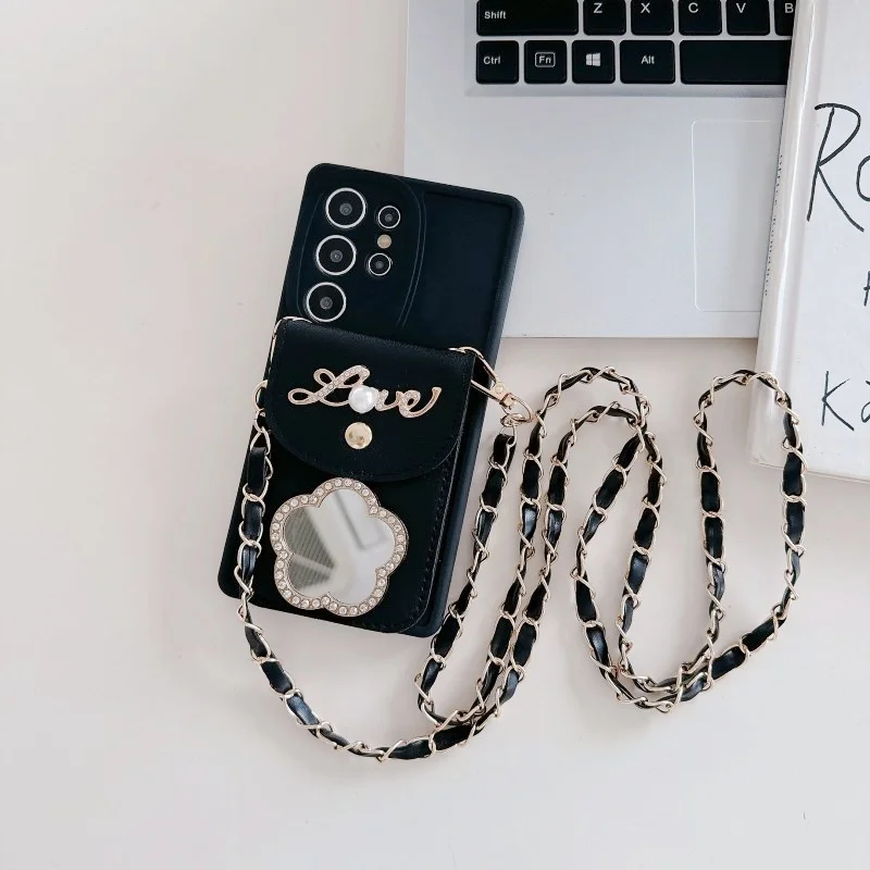 Elegant Mirror Wallet Case with Strap and Card Slot - Crossbody Lanyard with Floral Design